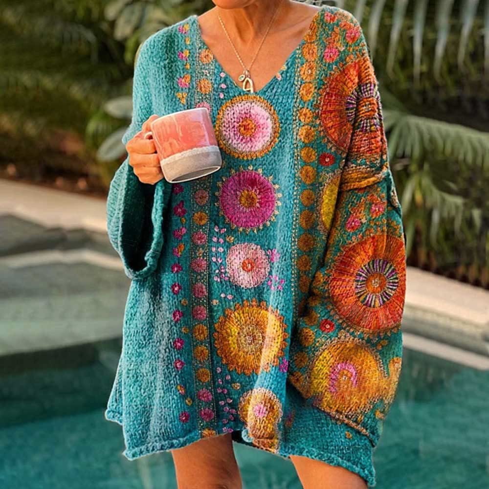 Women's Colorful Folk Floral Pattern Casual V Neck Pullover Sweater - Multicolor - 4XL - image 1