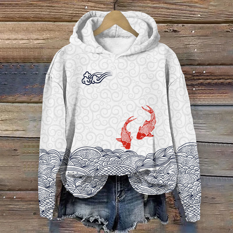 Japanese Style Koi Fish Wave Art Print Long Sleeve Hoodie - White - 8XL - image 1