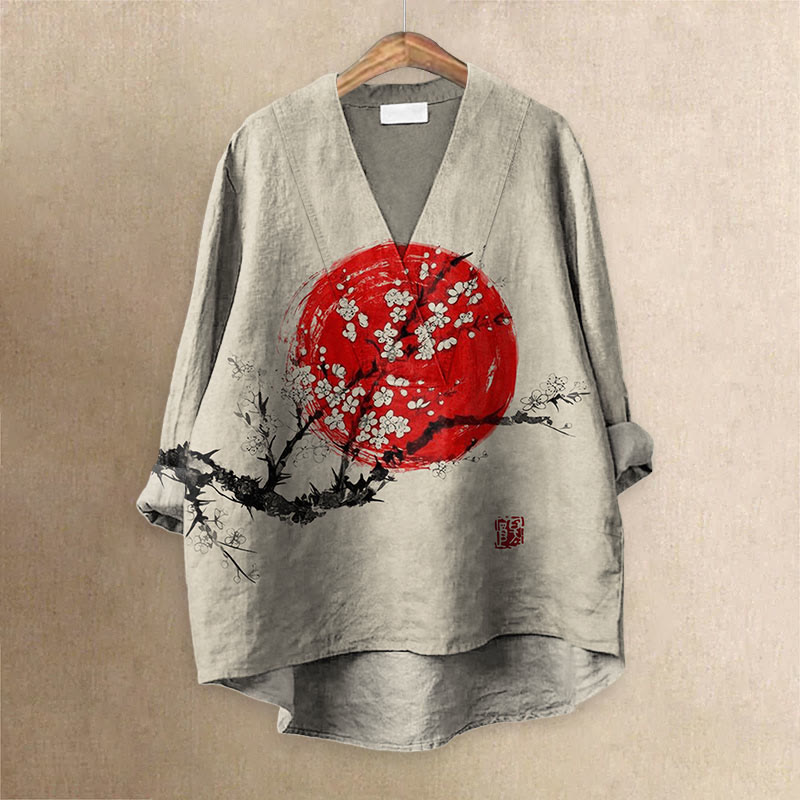 Sunrise Plum Blossom Japanese Art Printed Casual V-neck Blouse - Khaki - 6XL - image 1