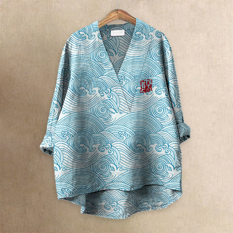 Sea Waves Japanese Art Printed Casual V-neck Blouse - Sky Blue - 6XL - image 1