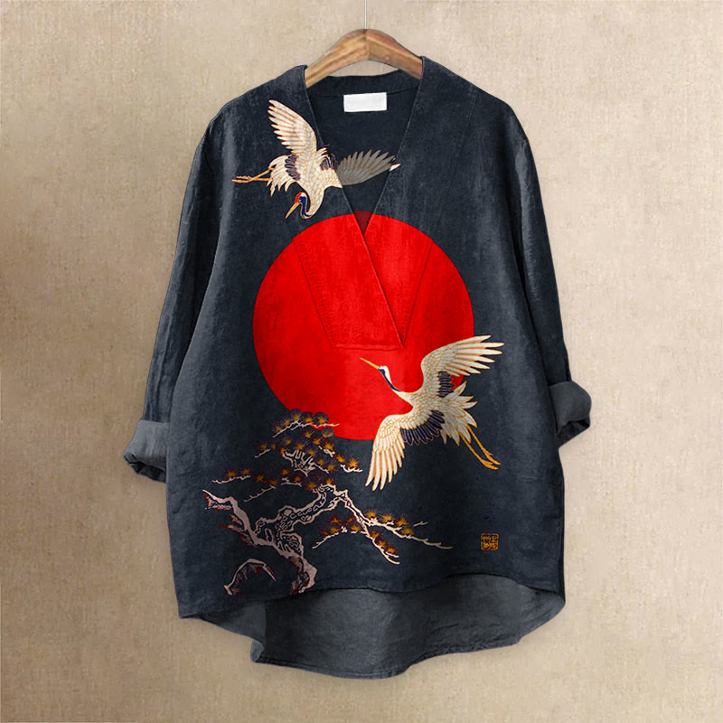 Cranes & Sunrise Japanese Art Vintage Printed Casual V-neck Blouse - Dark Blue - 6XL - image 1