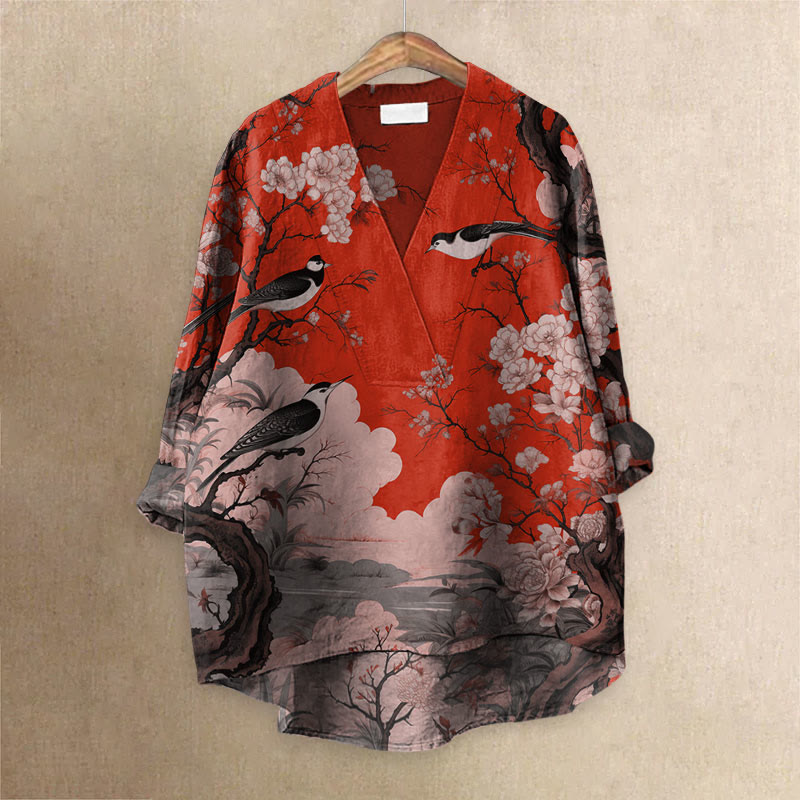 Japanese Flower And Bird Painting Art Printed Casual V-neck Blouse - Red - 6XL - image 1