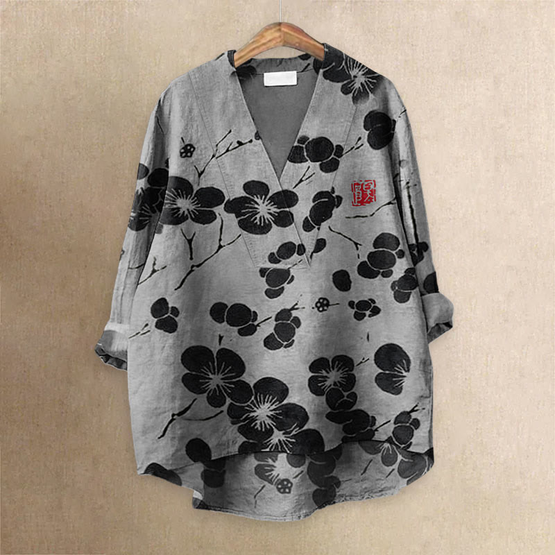 Cherry Blossom Japanese Lino Art Vintage Printed Casual V-neck Blouse - Grey - 6XL - image 4