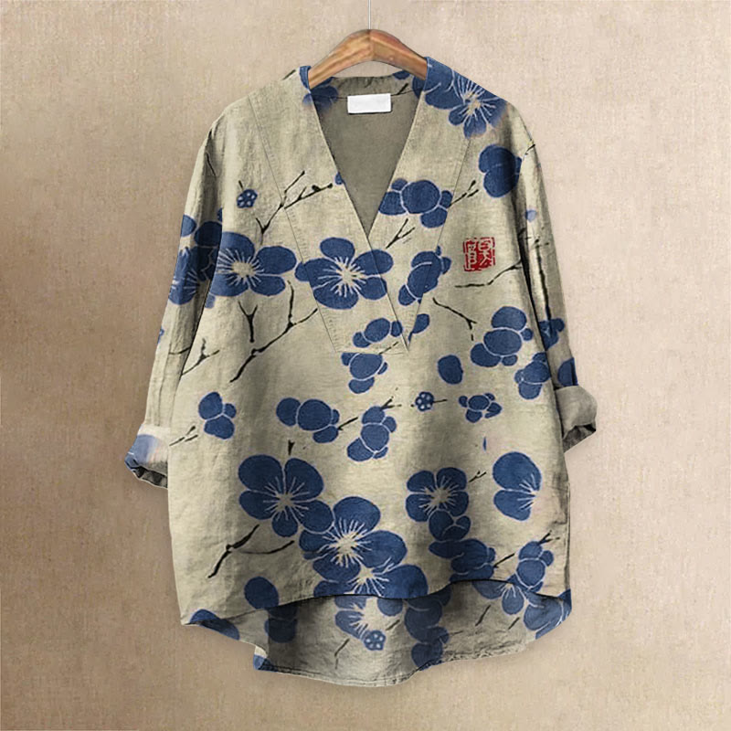 Cherry Blossom Japanese Lino Art Vintage Printed Casual V-neck Blouse - Blue - 6XL - image 1