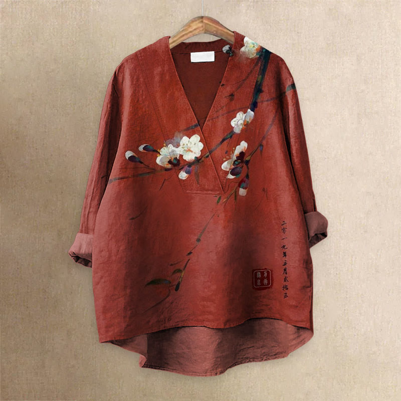 Vintage Plum Blossom Art Printed Casual V-neck Blouse - Red - 6XL - image 1