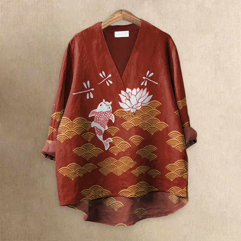 Japanese Style Koi Fish Dragonfly Wave Art Printed Casual V-neck Blouse - Red - 6XL - image 4