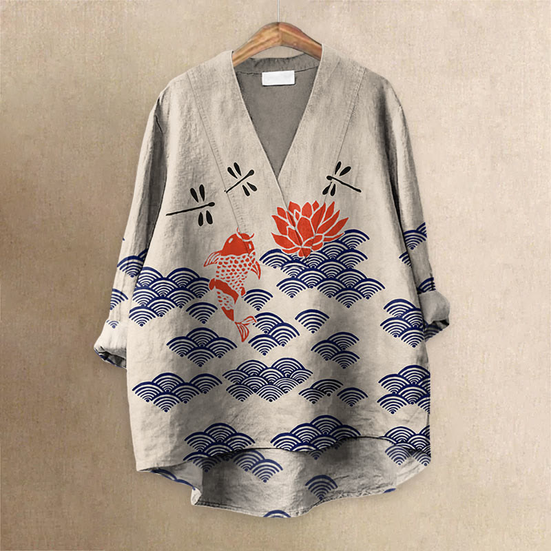 Japanese Style Koi Fish Dragonfly Wave Art Printed Casual V-neck Blouse - Apricot - 6XL - image 1