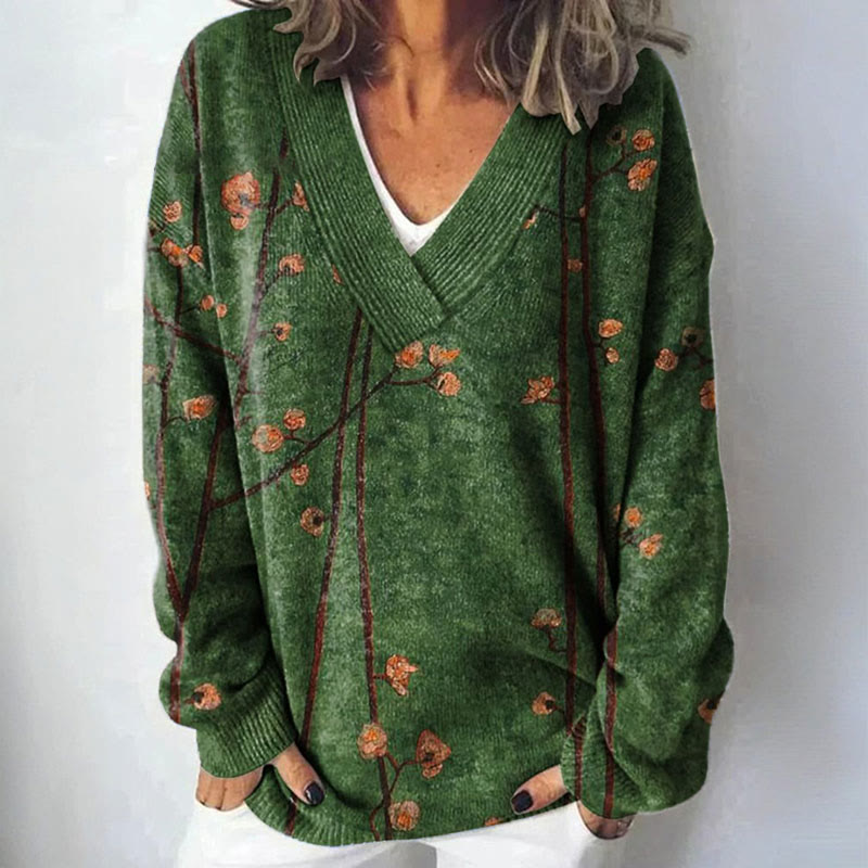 Women's Flower Vintage Print Causal V-neck Pullover Sweater - Green - 4XL - image 1