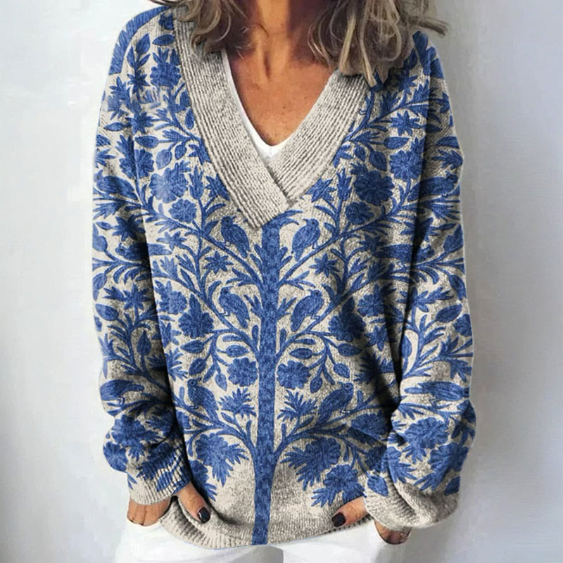 Women's Indian Art Floral Vintage Print Causal V-neck Pullover Sweater - Blue - 4XL - image 1
