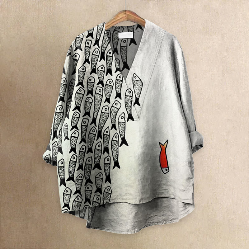 Cute Simple Lines Abstract Geometric Fish Art Printed Casual V-neck Blouse - White - 6XL - image 1