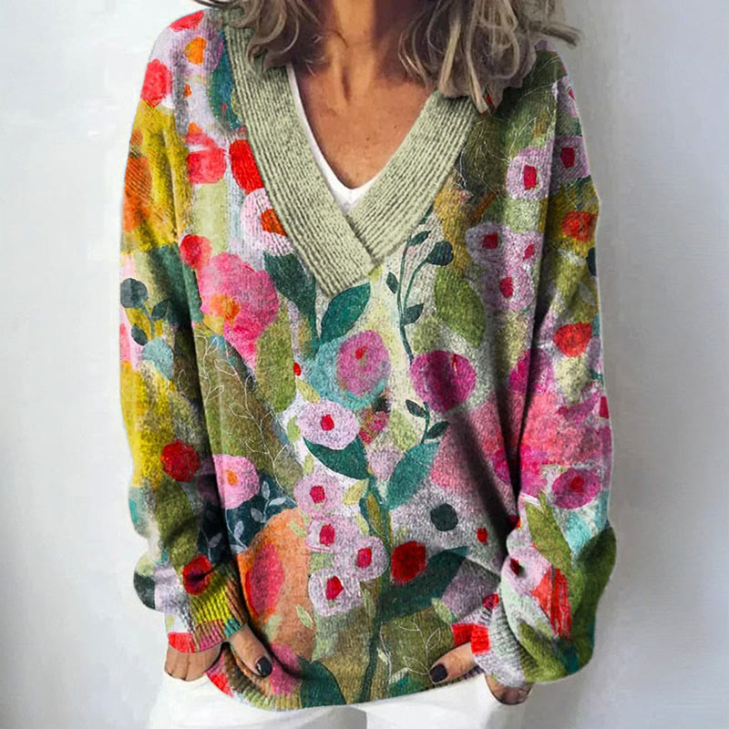 Women's Lovely Floral Art Print Causal V-neck Pullover Sweater - Multicolor - 4XL - image 1