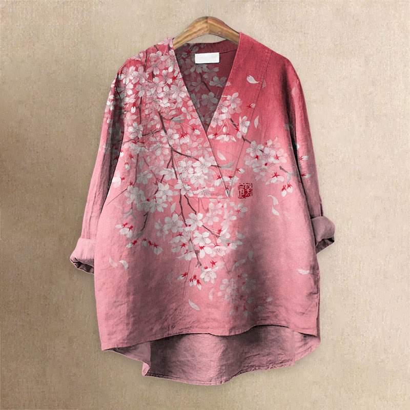 Cherry Blossom Full Moon Japanese Art Printed Casual V-neck Blouse - Pink - 6XL - image 1