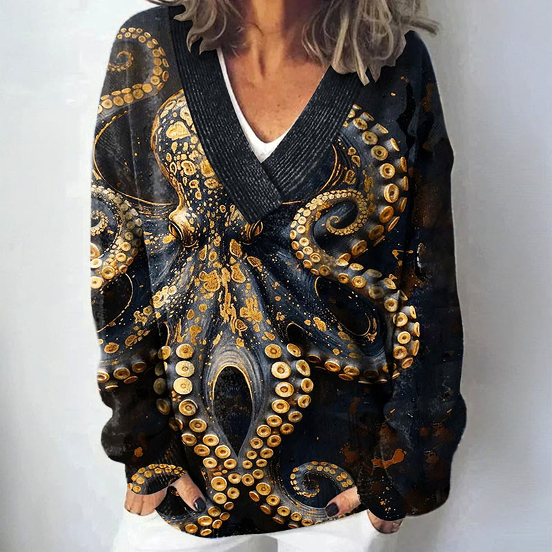 Women's Vintage Fish Octopus Art Print Causal V-neck Pullover Sweater - Black - 4XL - image 1