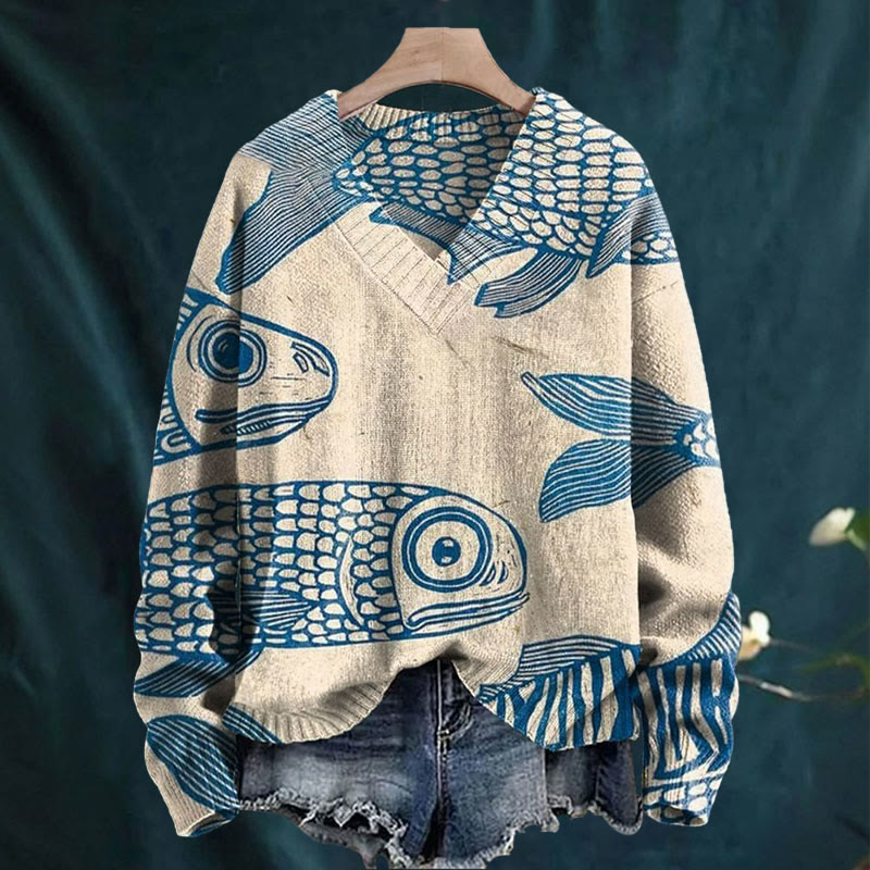 Blue Minimalist Line Fish Print Causal V-neck Pullover Unisex Sweater - Apricot - 4XL - image 1