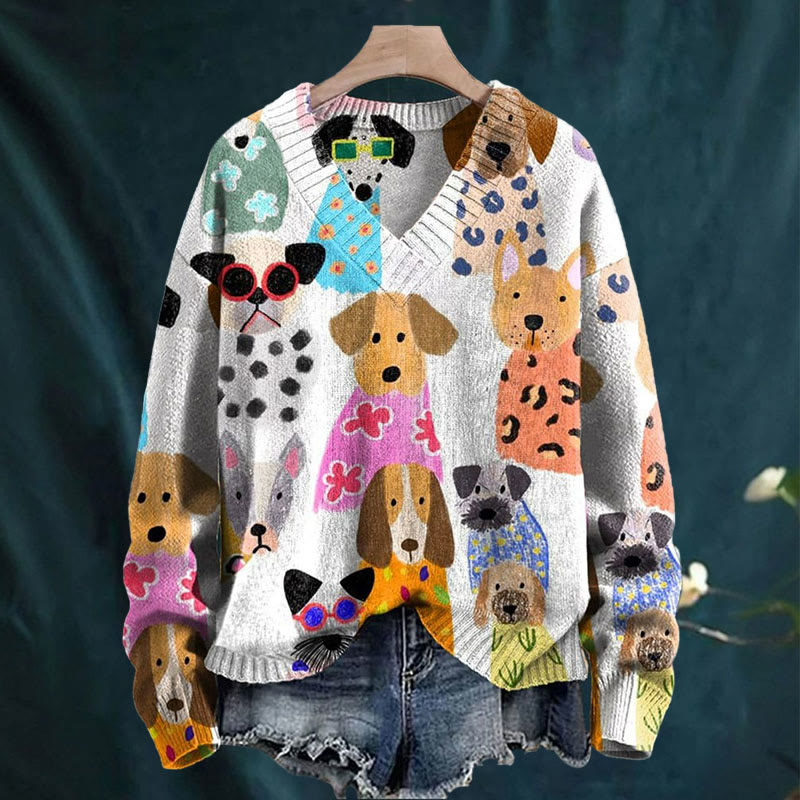 Colorful Fun Cartoon Puppy Print Causal V-neck Pullover Unisex Sweater - White - 4XL - image 1