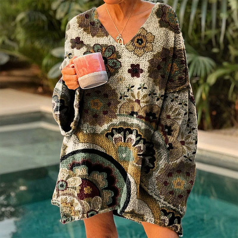 Women's Vintage Brown Floral Print Causal V-neck Pullover Sweater - Brown - 4XL - image 1