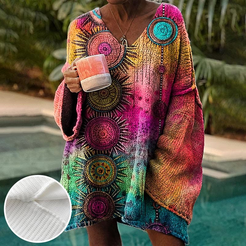 Women's Vintage Love And Peace Flower Ombre Print Causal V-neck Pullover Sweater - Multicolor - 4XL - image 1