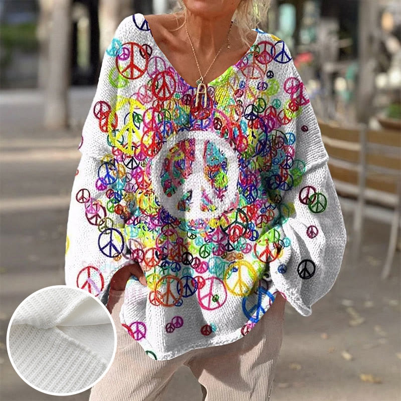 Women's Hippie Peace Art Print Causal V-neck Pullover Sweater - Multicolor - 4XL - image 1