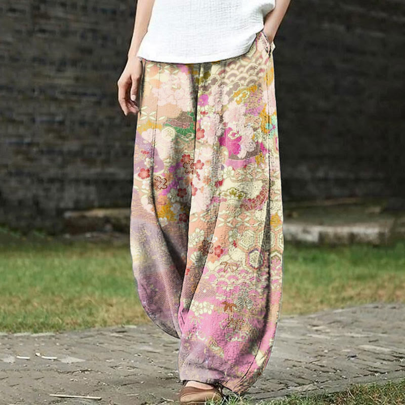 Women's Japanese Colorful Sakura Art Print Casual Pants - Multicolor - 5XL - image 1