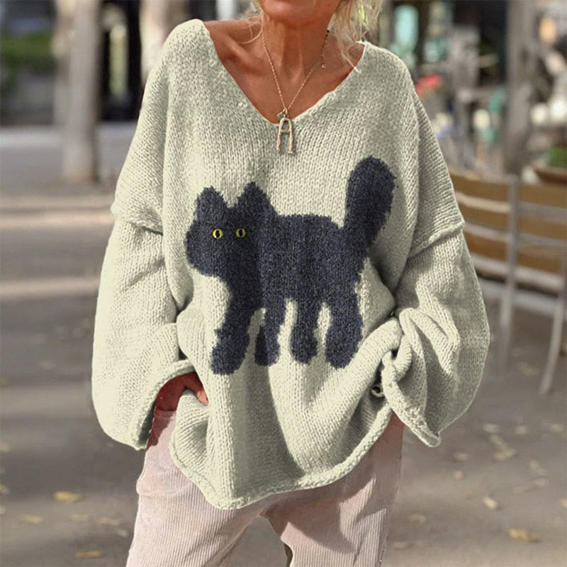 Women's Lovely Cat Art Print V-neck Pullover Sweater - Beige - 4XL - image 1