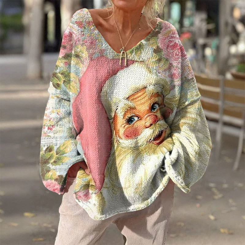 Women's Pink Retro Cute Santa Claus Print V-neck Pullover Sweater - Beige - 4XL - image 1