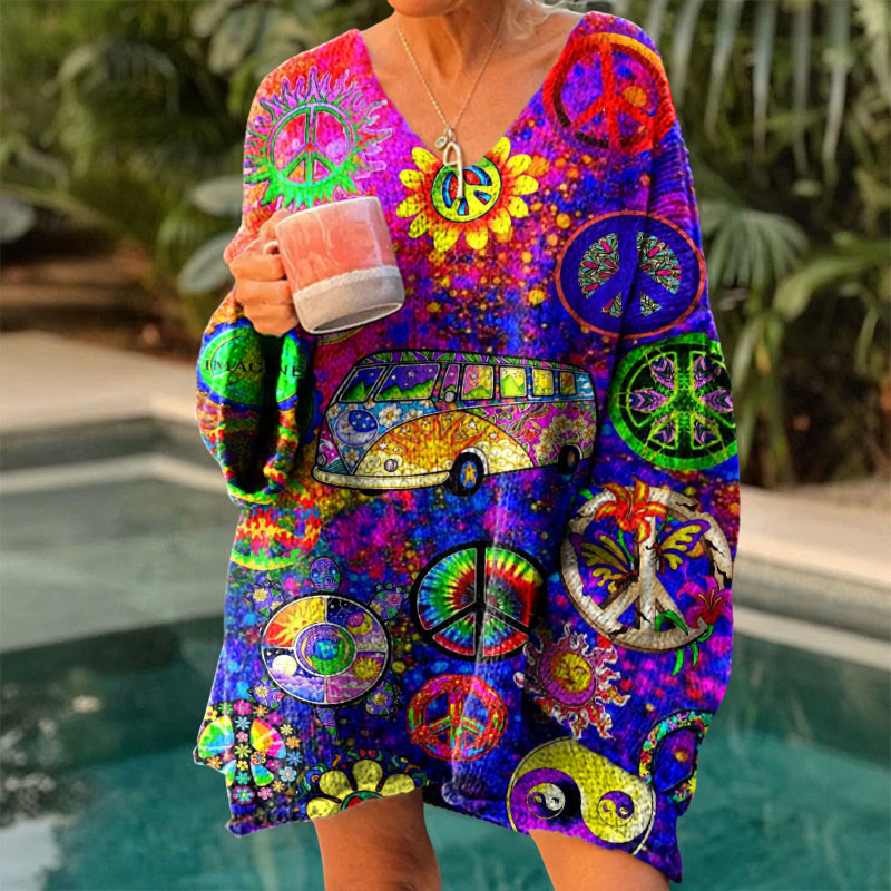 Ombre Love And Peace Hippie Floral Bus Print V-neck Pullover Sweater - Purple - 4XL - image 1