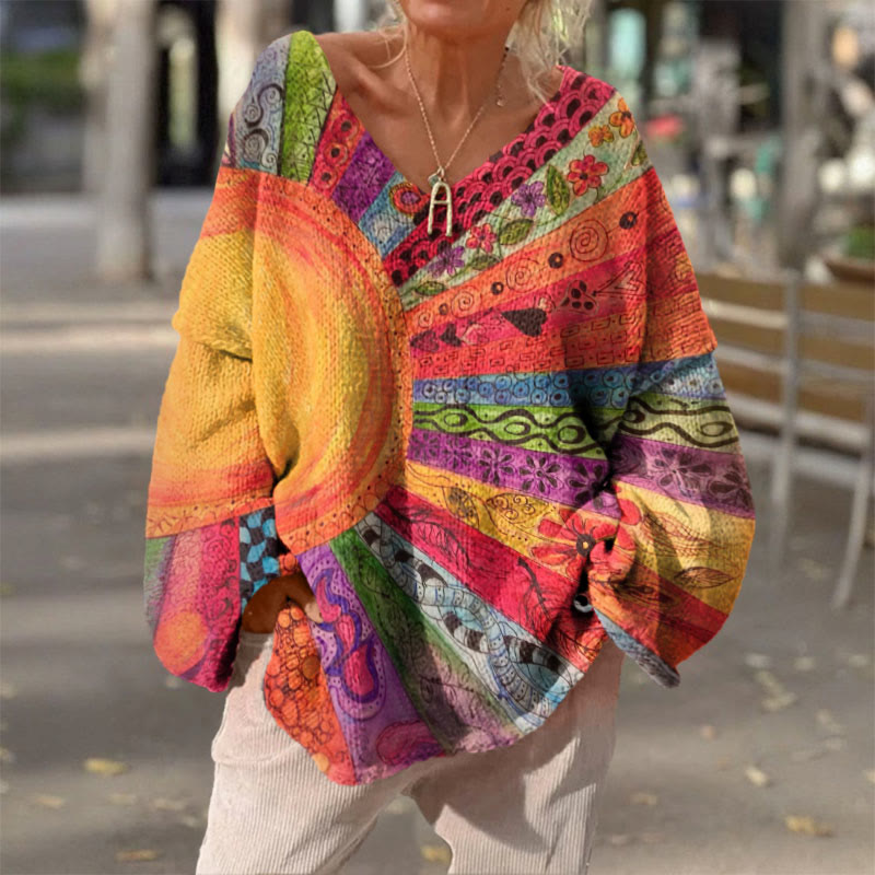 Boho Multicolor Patchwork Sunray Print V-neck Pullover Sweater - Multicolor - 4XL - image 1