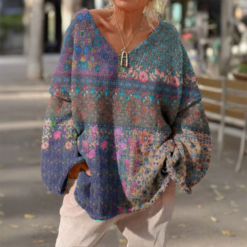 Retro Ethnic Style Floral Patchwork Print V-neck Pullover Sweater - Blue - 4XL - image 1