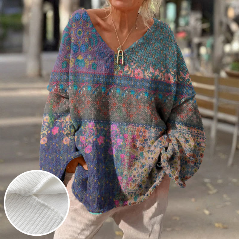 Retro Ethnic Style Floral Patchwork Print V-neck Pullover Sweater - image 2