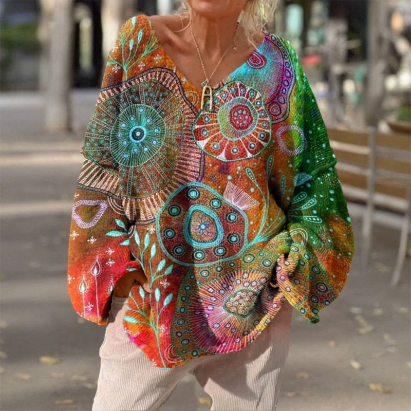 Retro Ethnic Totem Art Print V-neck Pullover Sweater - Orange - 4XL - image 1