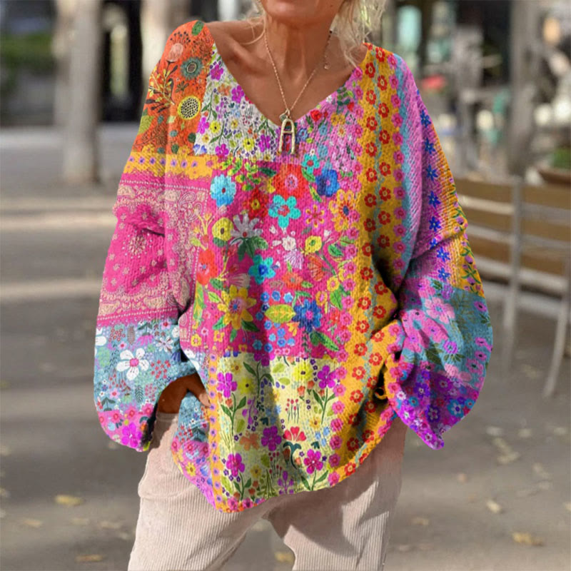 Bohemian Patchwork Cute Flower Print V-neck Pullover Sweater - Multicolor - 4XL - image 1