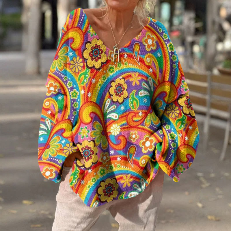 Retro Hippie Psychedelic Flower Print V-neck Pullover Sweater - Multicolor - 4XL - image 1