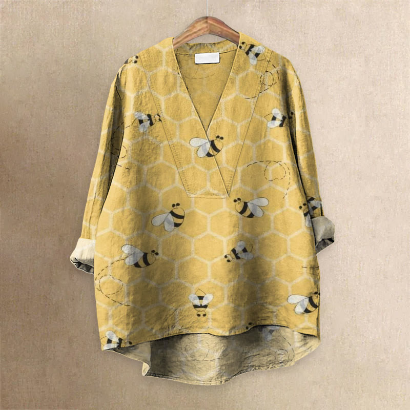Funny Bees Honey Printed Casual V-neck Blouse - Yellow - 6XL - image 1