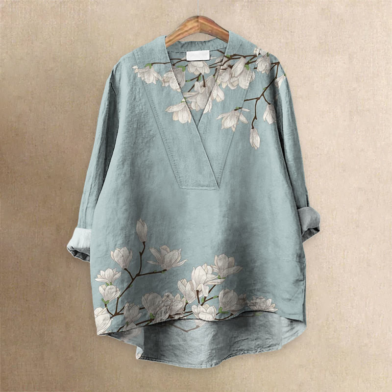 Vintage Floral Art Printed Casual V-neck Blouse - Blue - 6XL - image 1