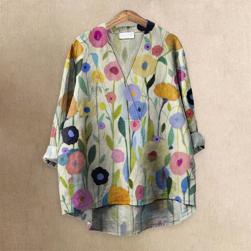 Oil Painting Spring Field Art Printed Casual V-neck Blouse - Apricot - 6XL - image 1