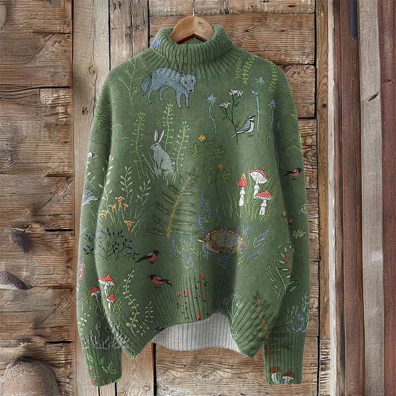 Woodland And Animal Pattern Print Turtleneck Pullover Sweater - Green - 4XL - image 1