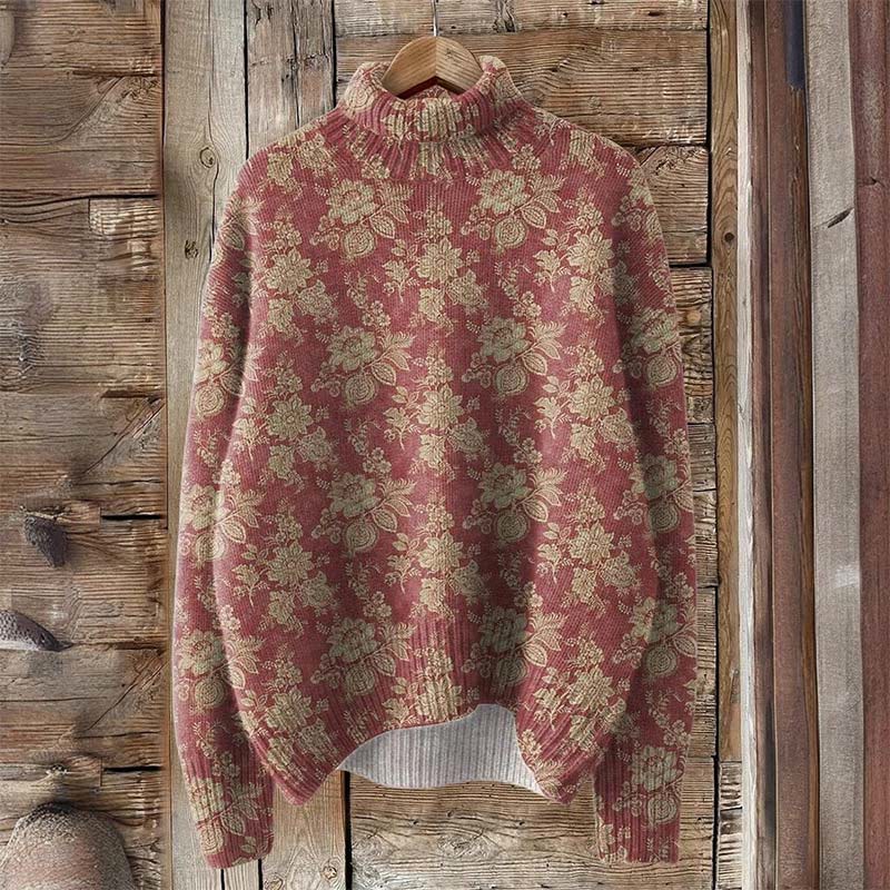 Vintage Style Floral Pattern Print Turtleneck Pullover Sweater - Red - 4XL - image 1