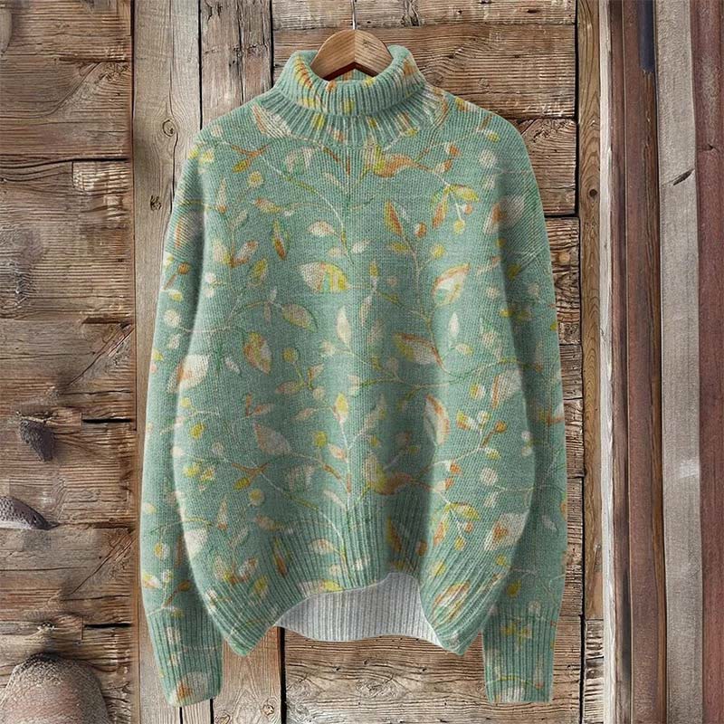 Vintage Floral Art Print Turtleneck Pullover Sweater - Green - 4XL - image 1