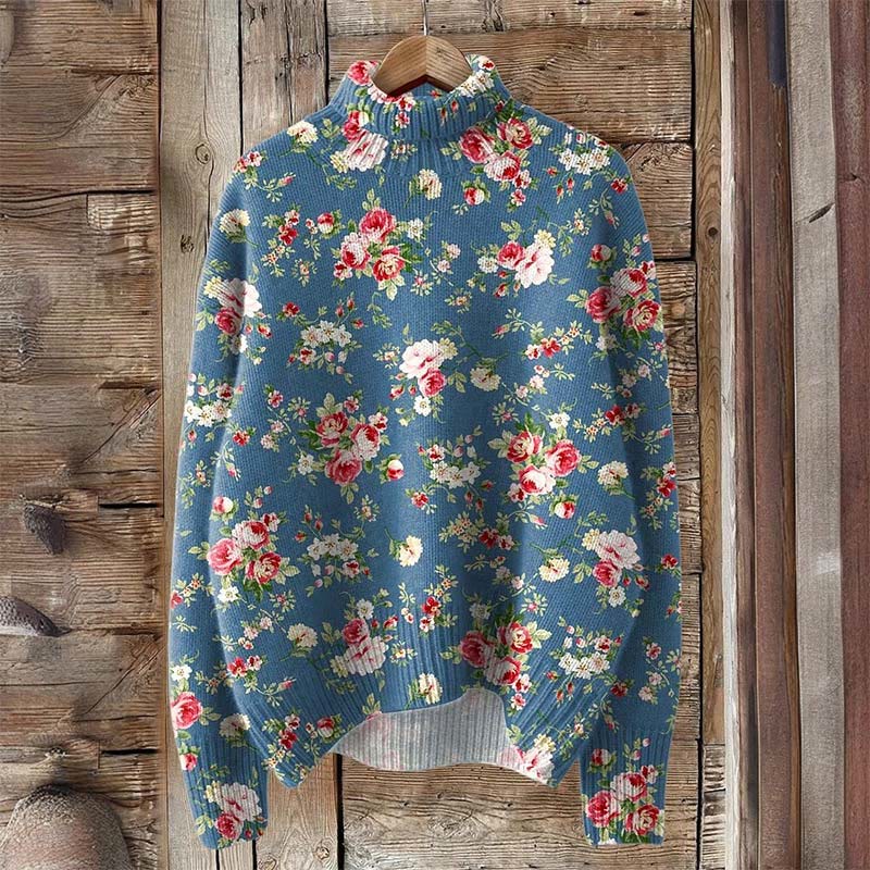 Vintage Lovely Floral Art Print Turtleneck Pullover Sweater - Blue - 4XL - image 1