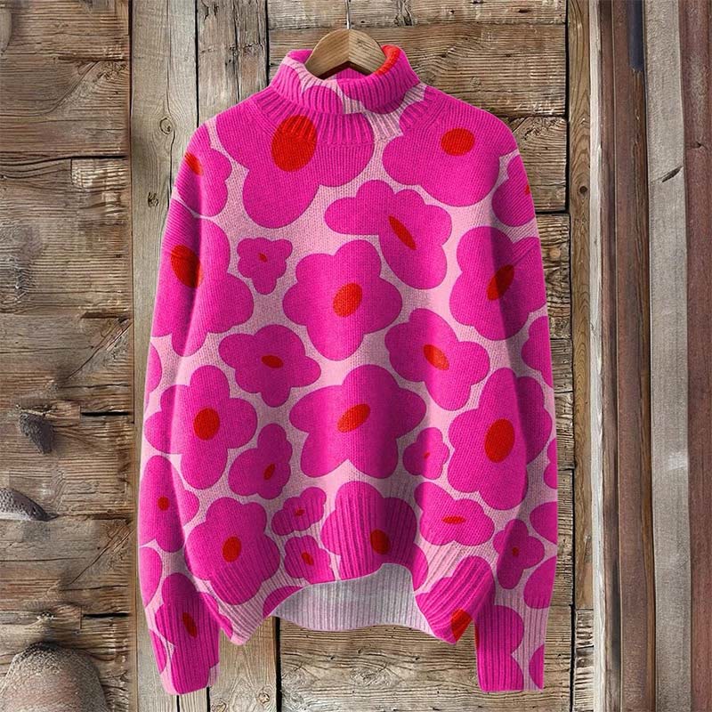 Vibrant Pink Floral Pattern Print Turtleneck Pullover Sweater - Rose - 4XL - image 1