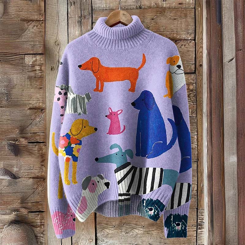Dog Art Print Turtleneck Pullover Sweater - Purple - 4XL - image 1