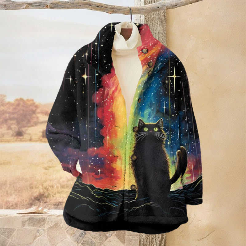 Black Cat Under Rainbow And Stars Print Plush Jacket - Black - 3XL - image 1