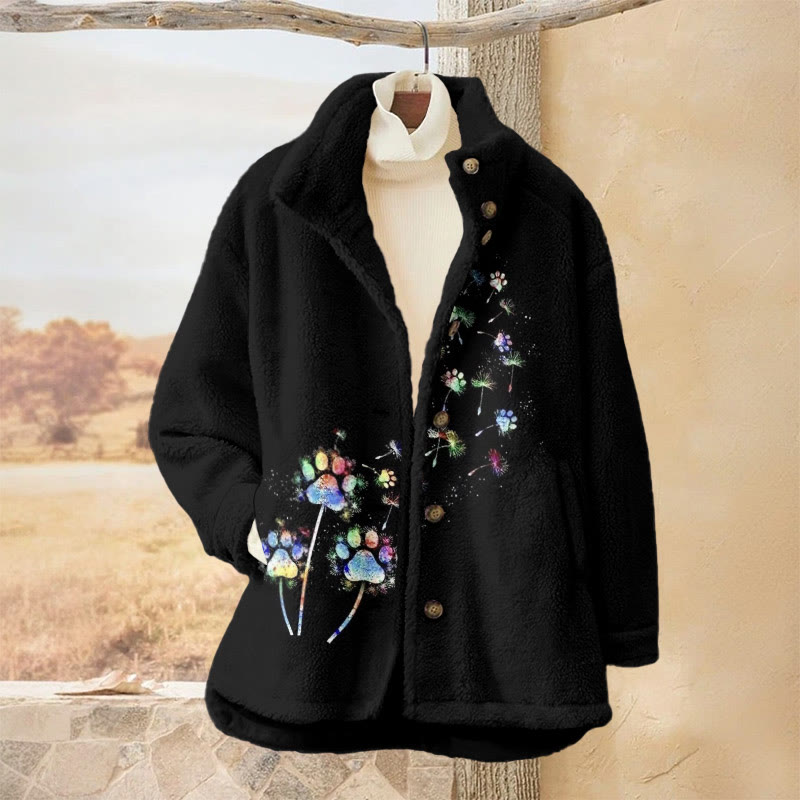 Colorful Cat Paw Dandelion Print Plush Jacket - Black - 3XL - image 1