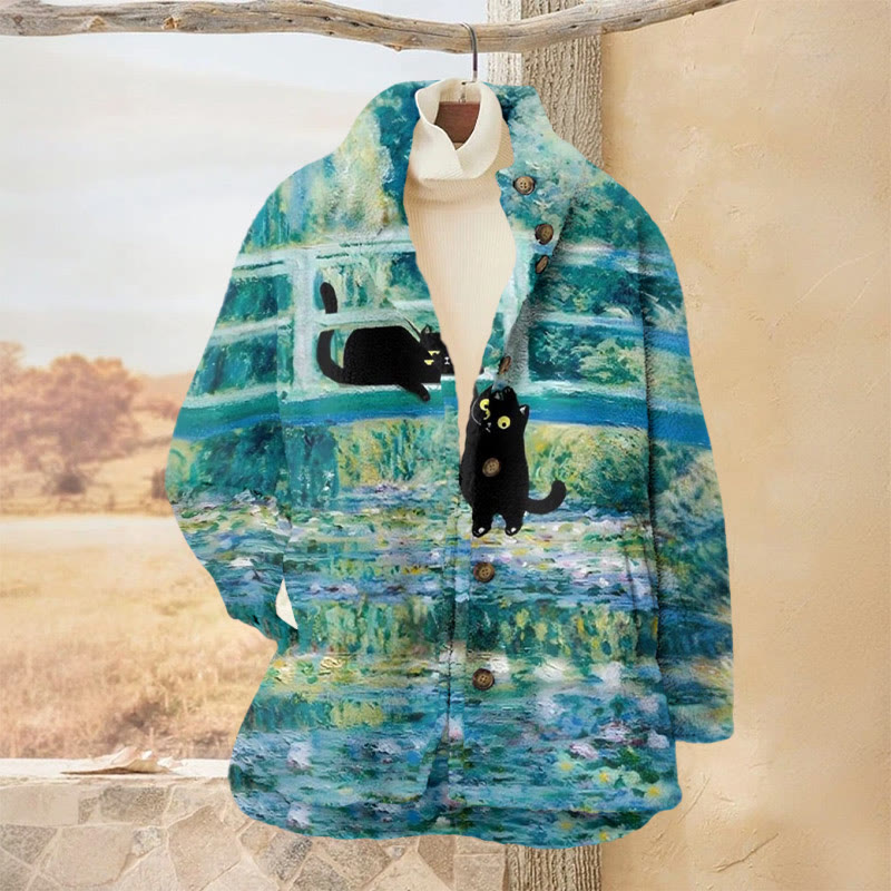 Black Cat In Wooden Bridge Oil Painting Print Plush Jacket - Green - 3XL - image 1