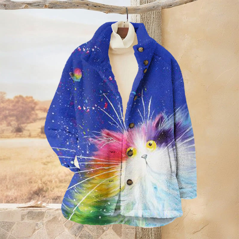 Watercolor Colorful Cat Print Plush Jacket - Blue - 3XL - image 1