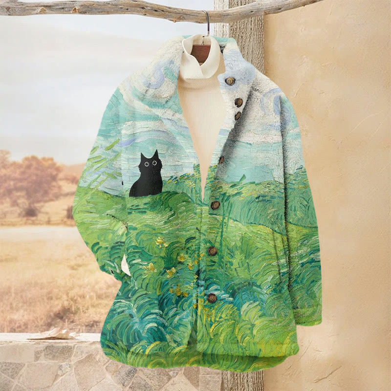 Oil Painting Black Cat On The Grass Print Plush Jacket - Green - 3XL - image 1