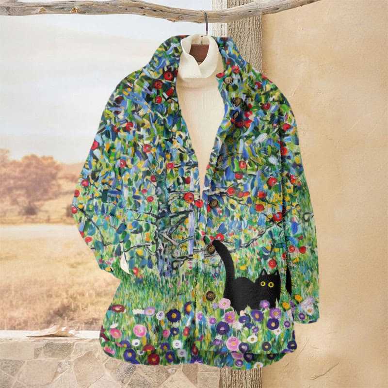 Oil Painting Of A Black Cat In The Flowers Print Plush Jacket - Multicolor - 3XL - image 1