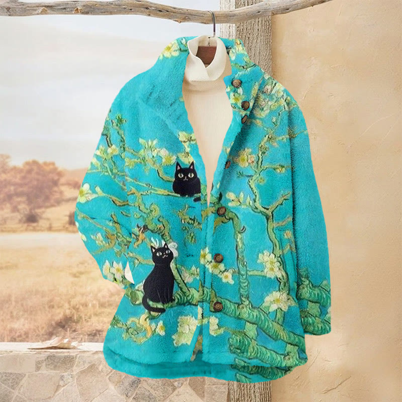 Black Cat In Van Gogh's Painting Print Plush Jacket - Lake Blue - 3XL - image 1