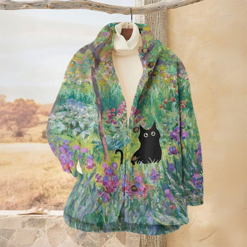Black Cat In The Flowers Oil Painting Print Plush Jacket - Multicolor - 3XL - image 1