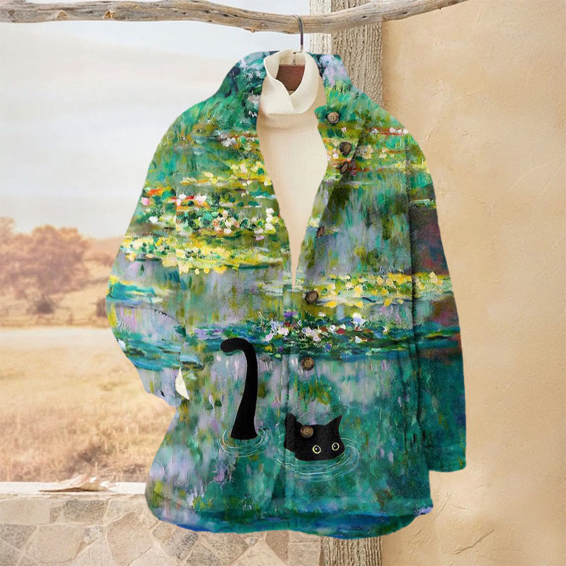 Black Cat In The Pond Oil Painting Print Plush Jacket - Multicolor - 3XL - image 1